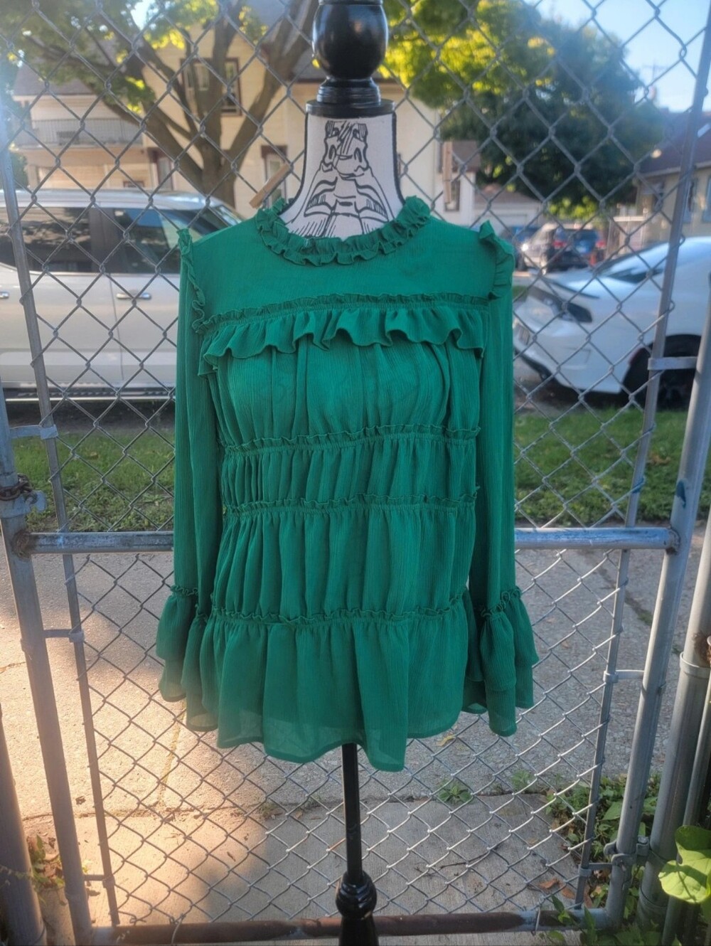 Amaryllis Green Tiered Ruffle Mock Neck Blouse - Size M